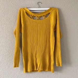 Mustard Criss cross cutout boat neck ribbed Sweater